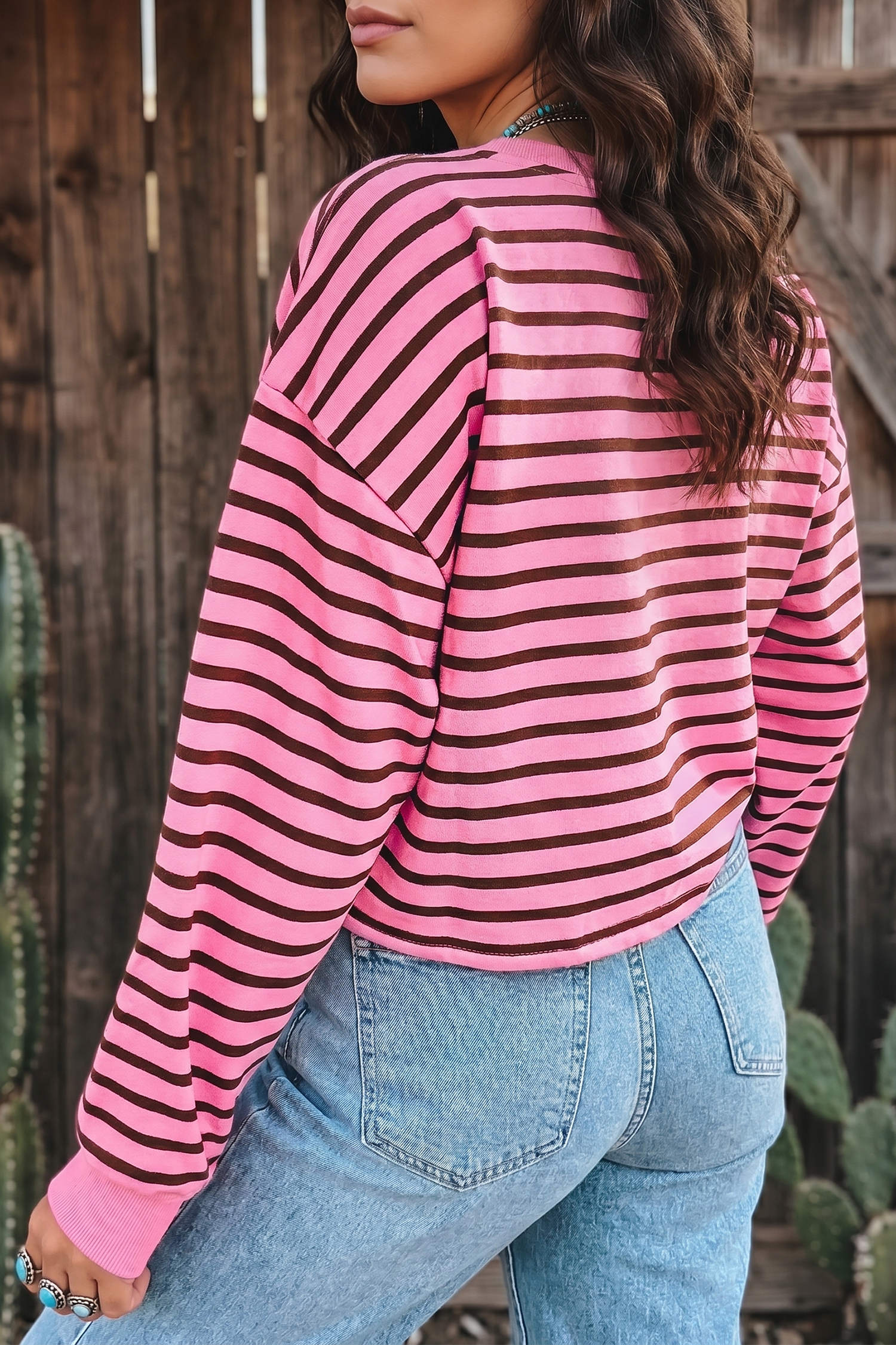 Pink Stripe V Neck Drop Shoulder Long Sleeve Top view 14