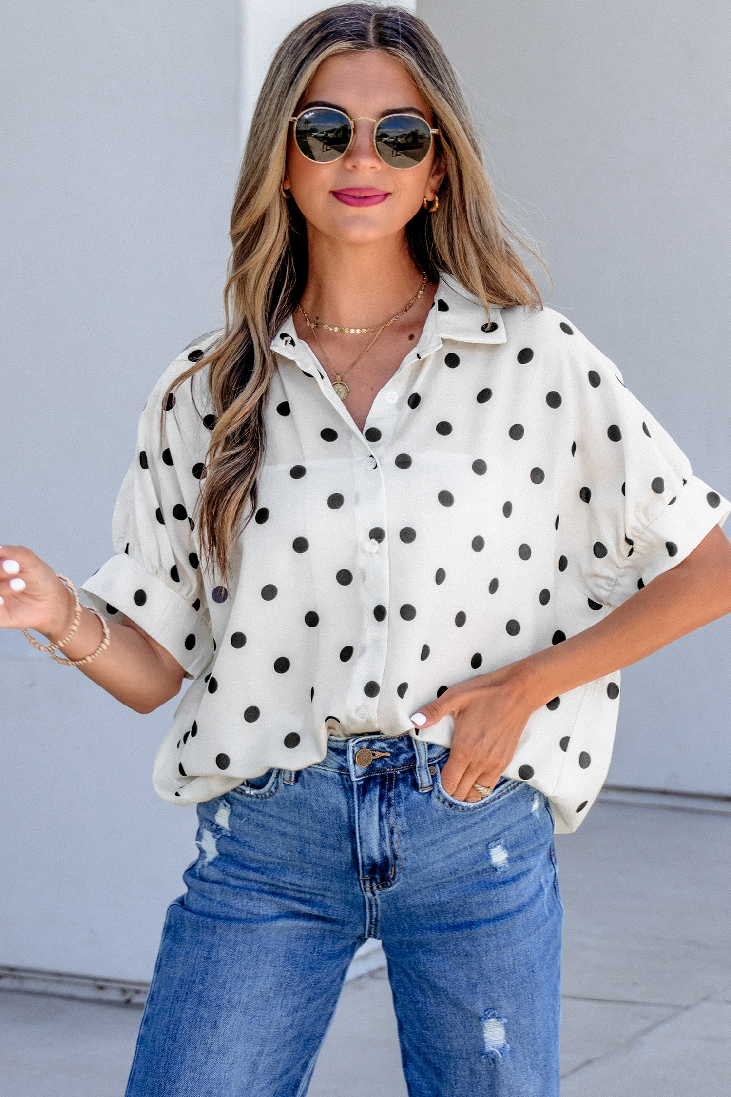 Beige Polka Dot Print Loose Dolman Shirt