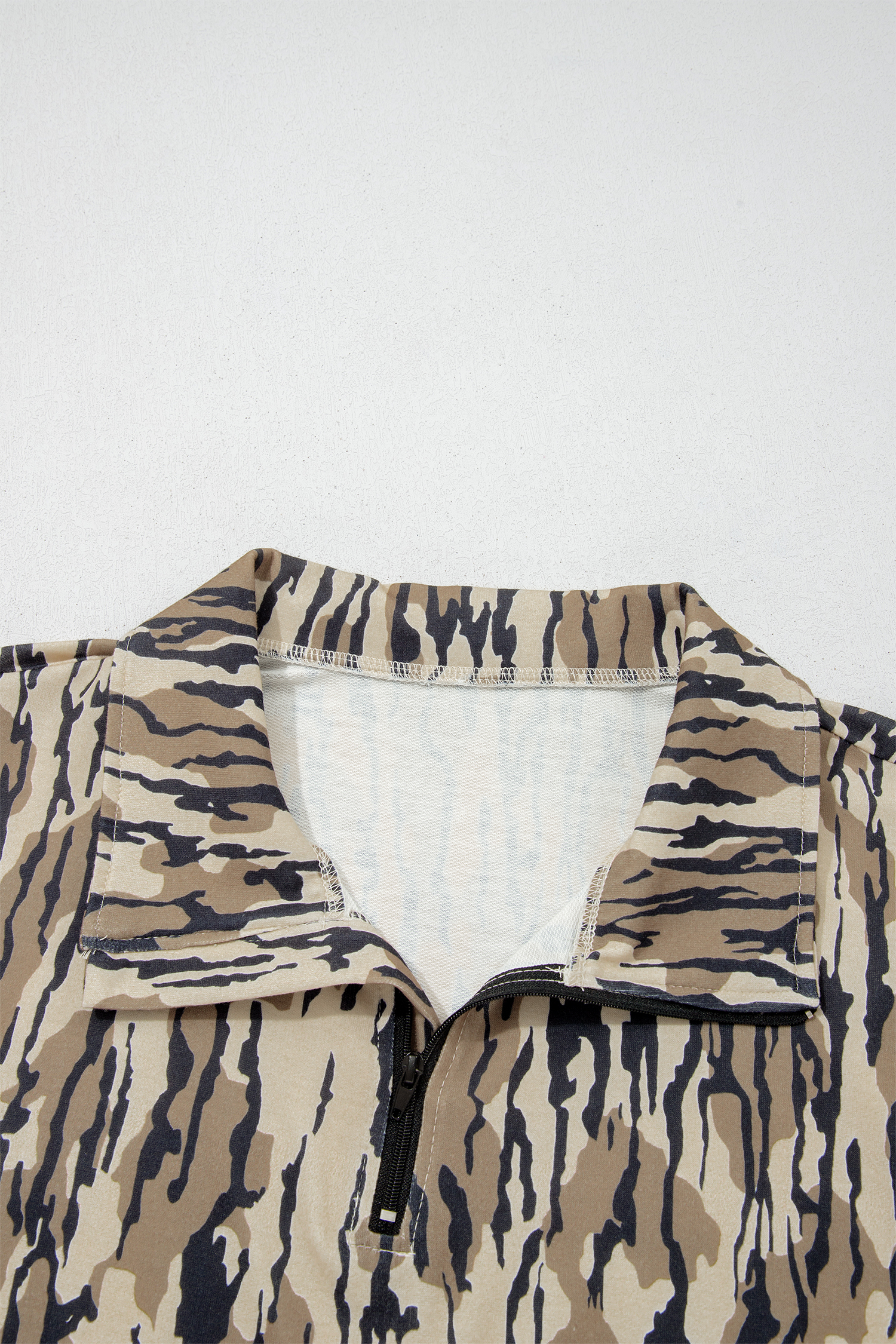 Brown Camouflage Zipper Collar Front Pocket Pullover Sweatshirt
